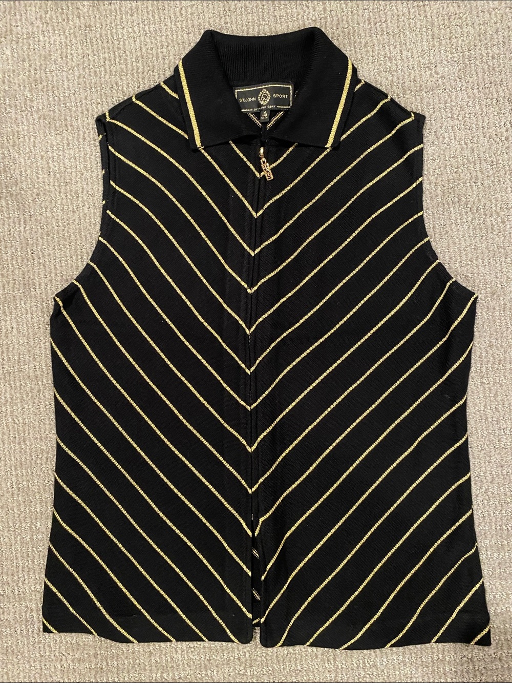 St. John Sport by Marie Gray - Black Sleeveless Zip Polo with Gold Stripes